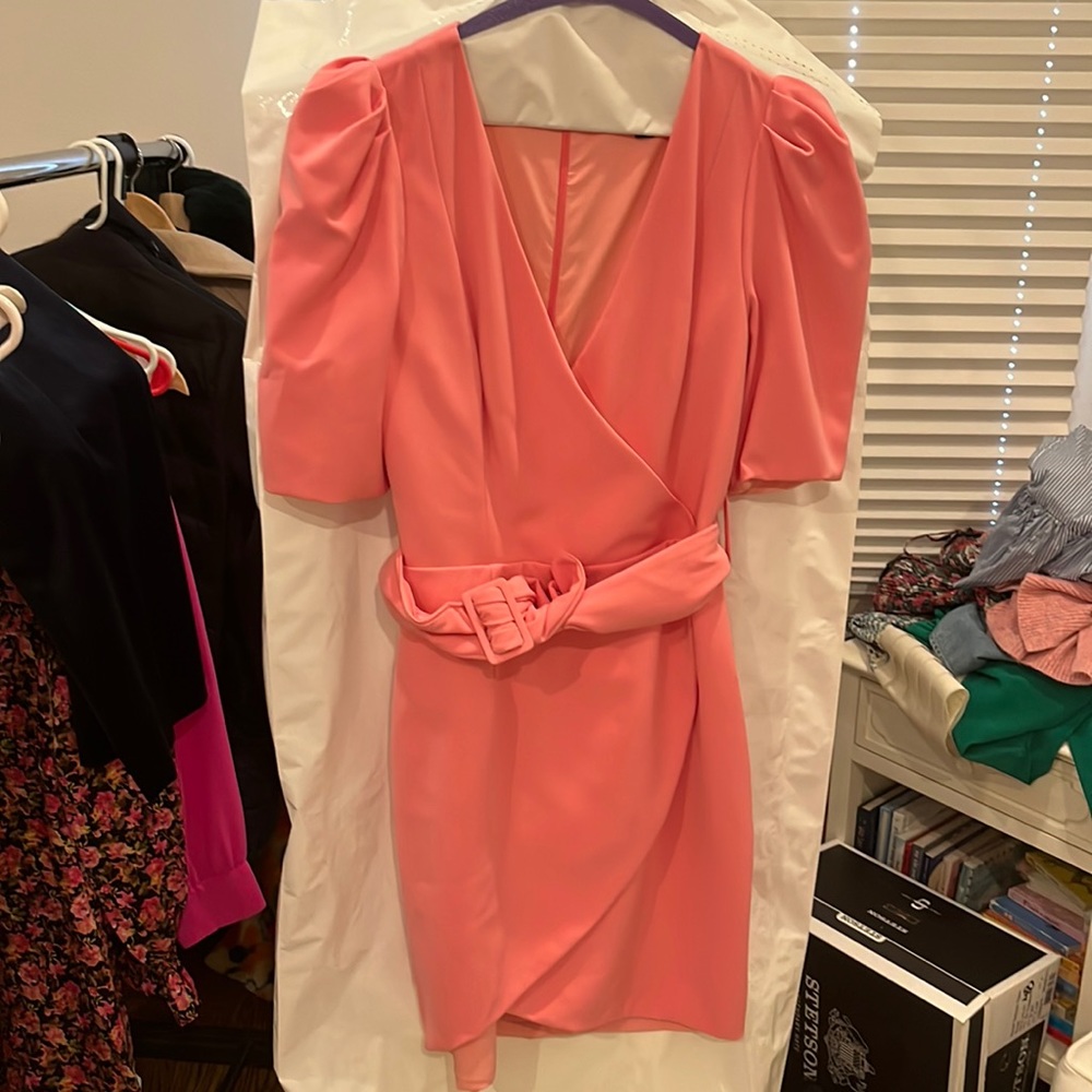 Black Halo Coral Pink Mini Wrap Dress with Statement Belt